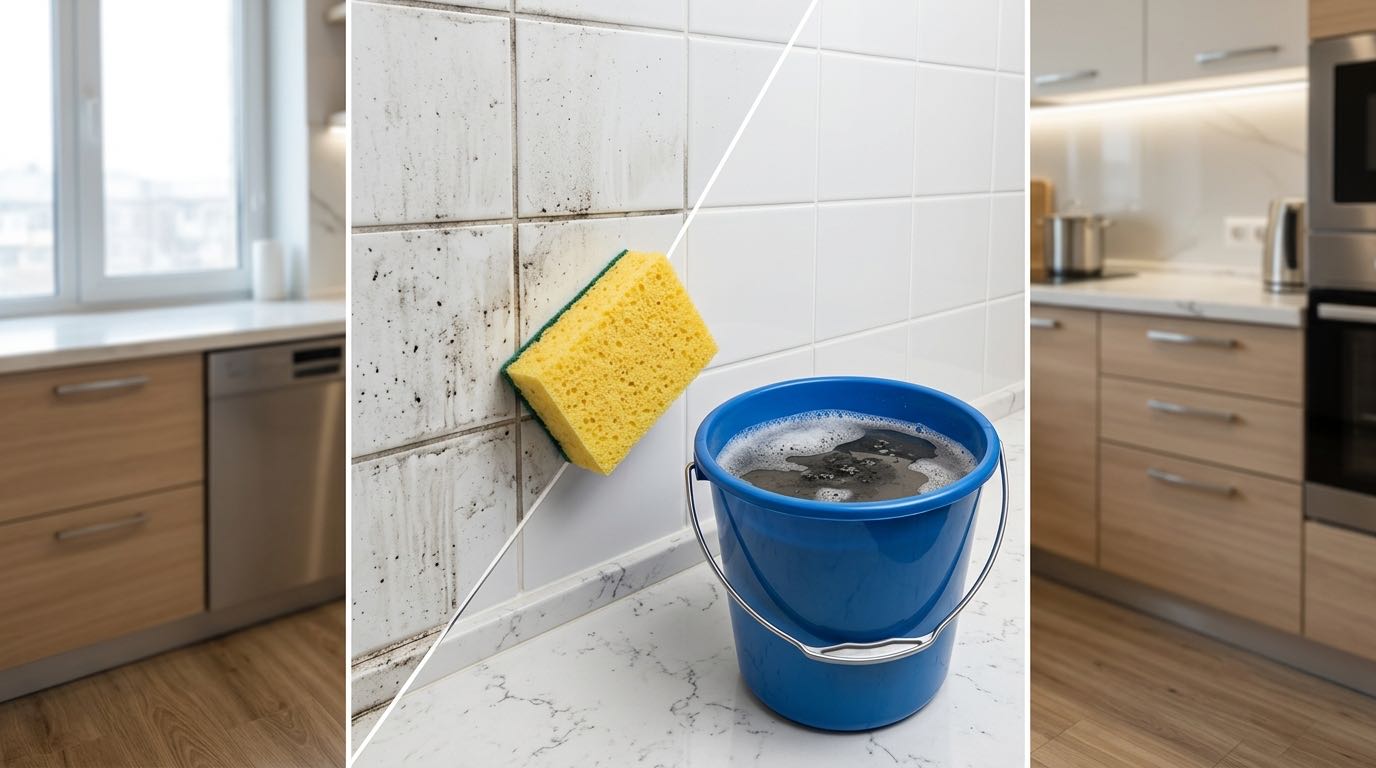 Before and after comparison of wall being cleaned from soot, sponge cleaning process, bucket of dark cleaning water showing removed soot