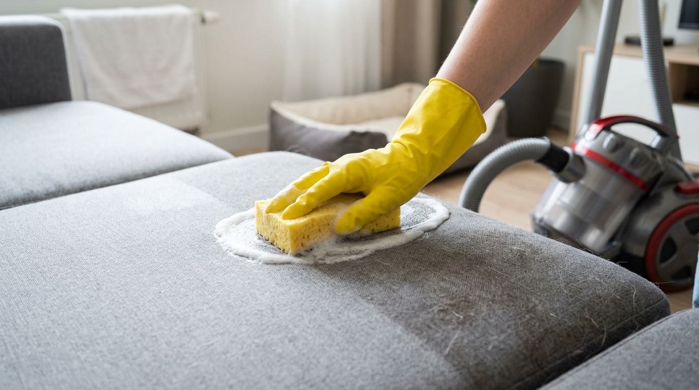 Person vacuuming sofa upholstery with pet hair attachment, dog bed being washed in machine, clean pet-friendly living room