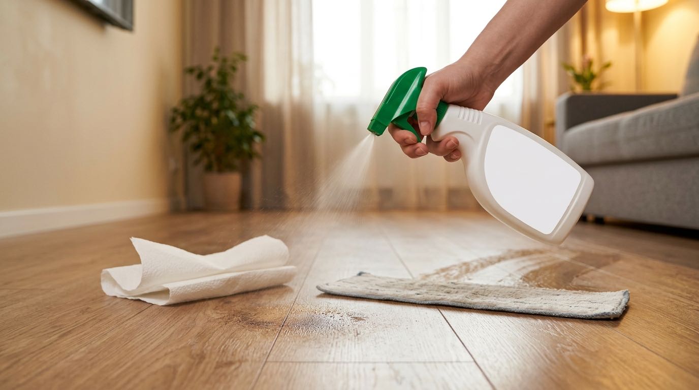 Cleaning up pet accident on hardwood floor with enzyme cleaner, spray bottle and paper towels, proper technique demonstrated