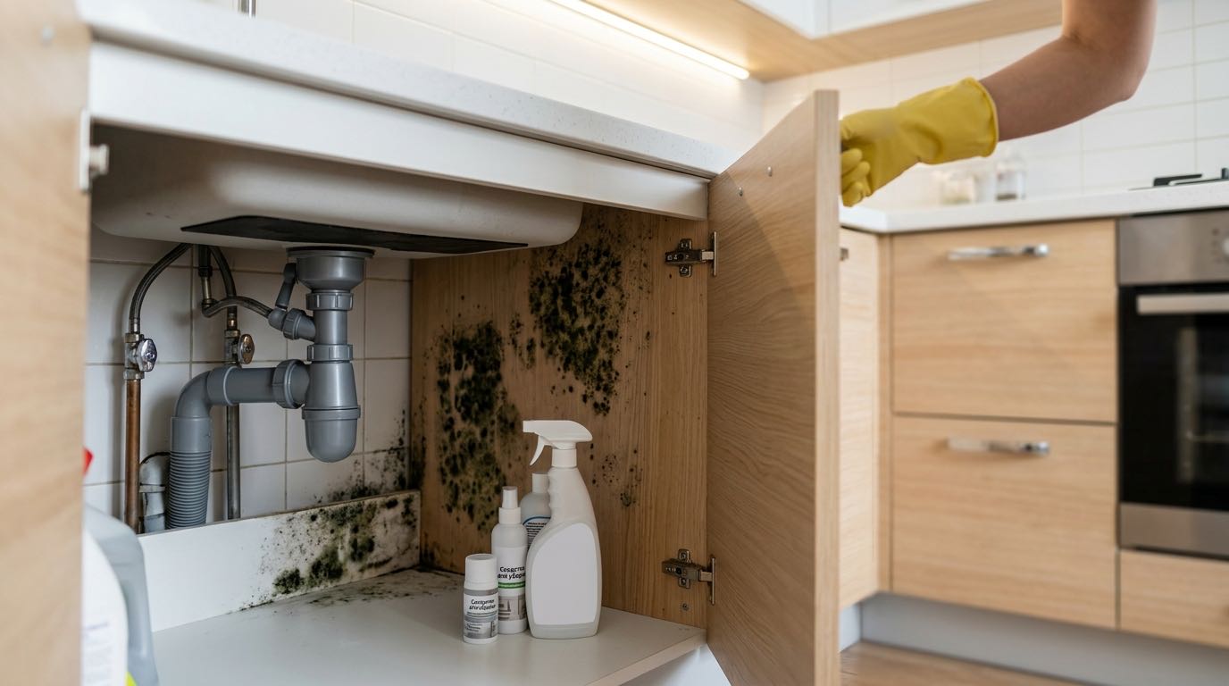 Person opening kitchen cabinet and discovering hidden source of bad smell, inspecting pipes under sink, domestic kitchen setting