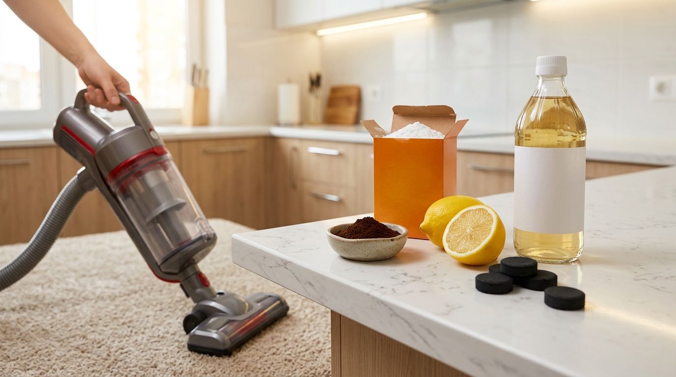 Kitchen counter with natural odor absorbers - bowl of baking soda, coffee grounds in small dish, cut lemon, activated charcoal tablets, white vinegar bottle