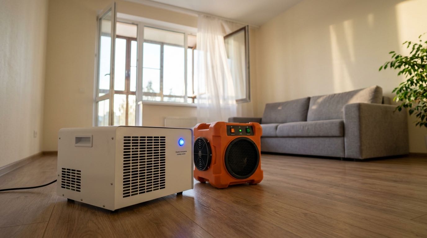 Professional ozone generator machine running in an empty room, blue indicator light glowing, room with open window for ventilation