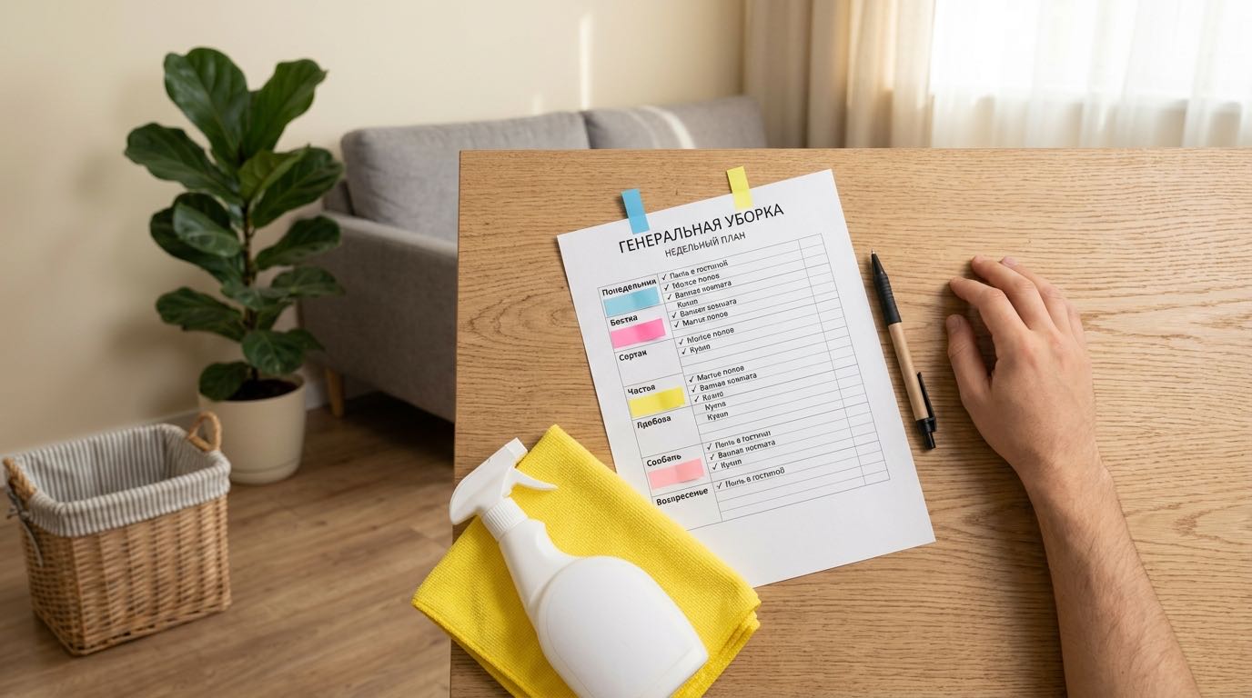 Clean and organized apartment checklist concept, person with clipboard checking items, fresh bright interior in background