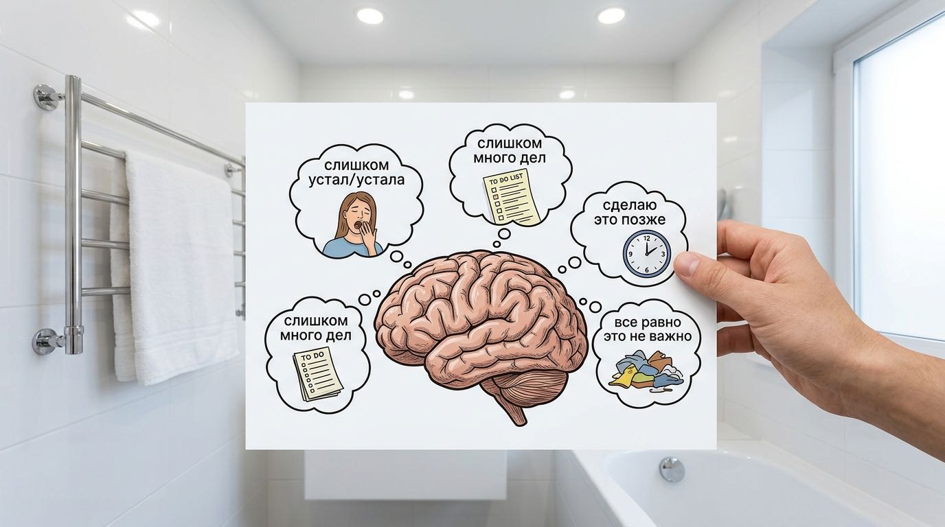 Illustration of brain with thought bubbles showing common excuses for not cleaning: too tired, too much to do, will do it later, doesn't matter anyway