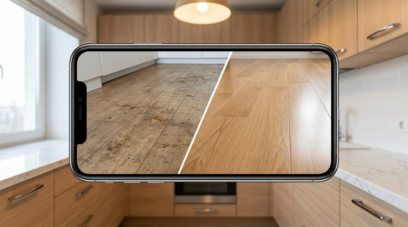 Phone screen showing a before-after comparison photo of a kitchen, with dramatic cleaning transformation, motivational and satisfying