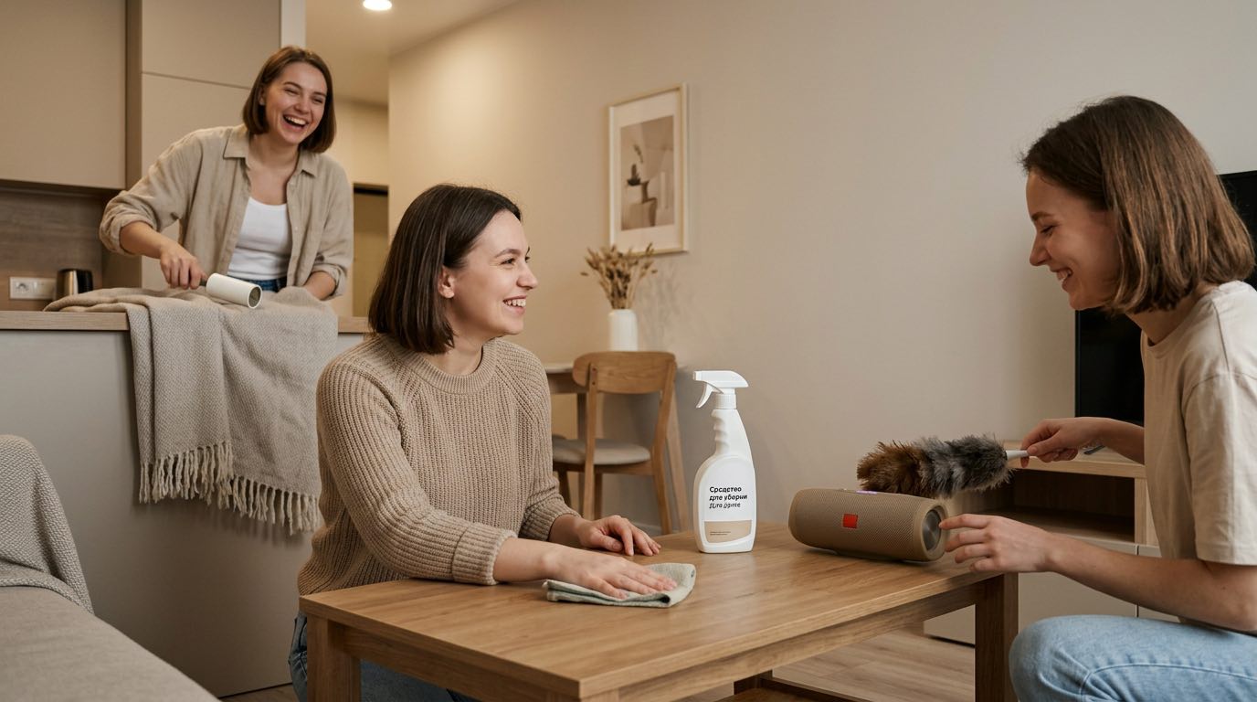Group of friends cleaning an apartment together, laughing and having fun, music playing from a speaker, team cleaning atmosphere