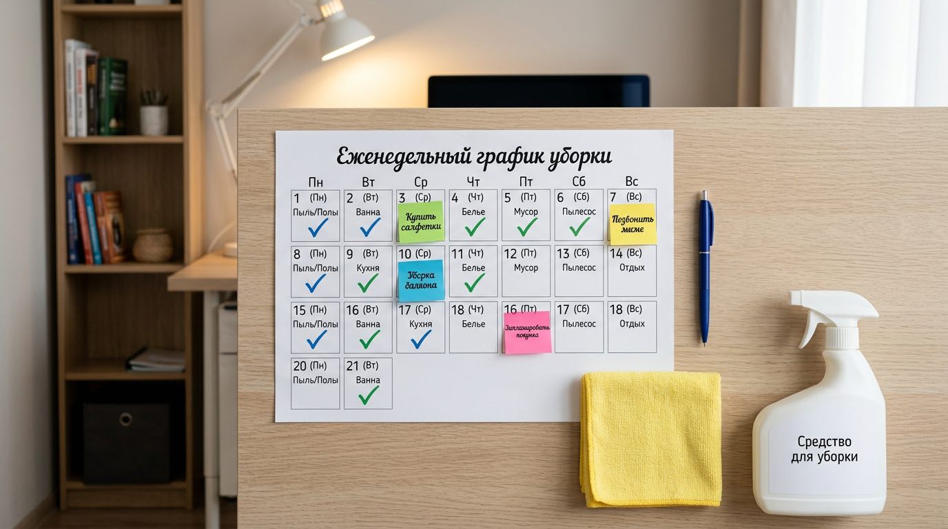 Calendar showing 21-day habit formation progress with checkmarks, small cleaning tasks written for each day, motivational design