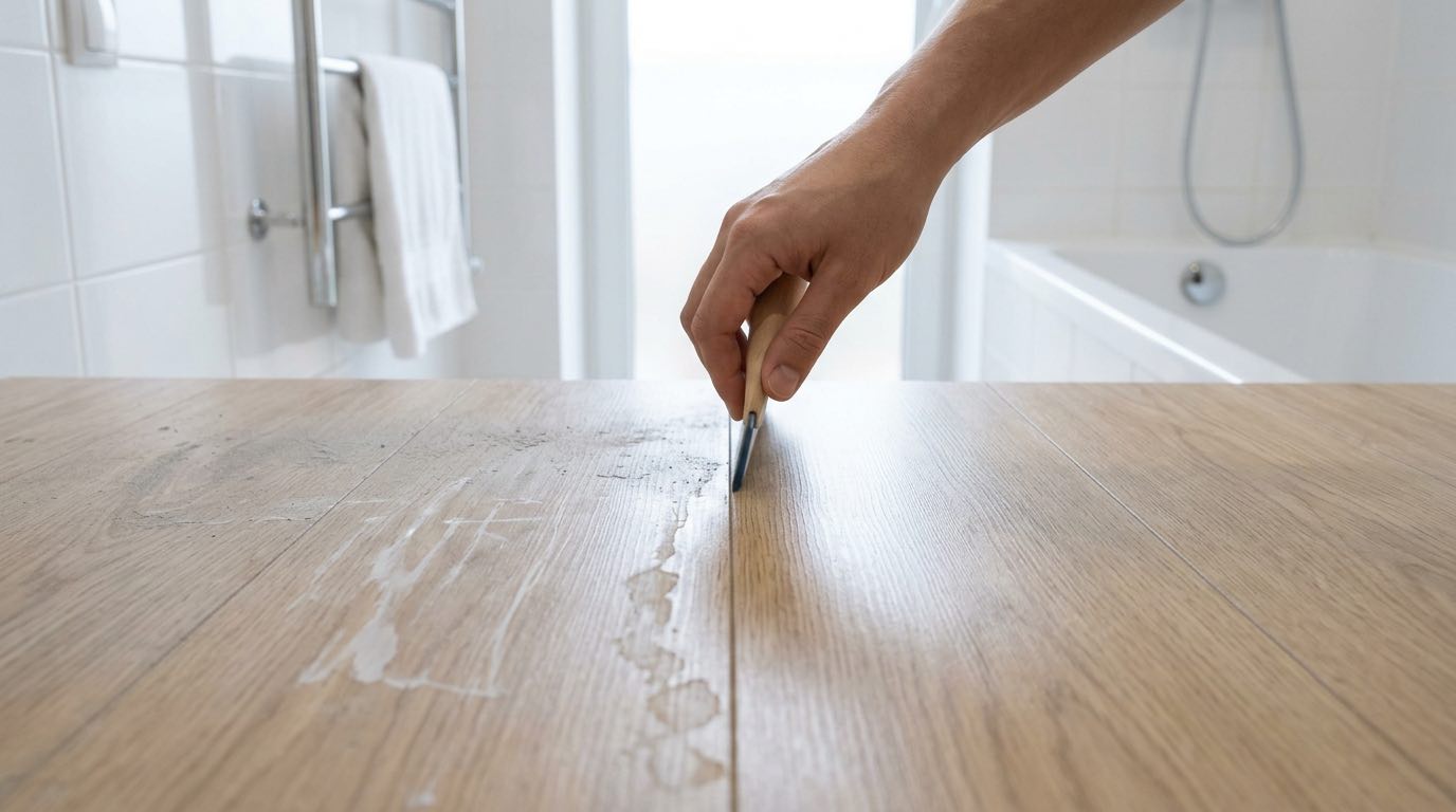 Close-up comparison of laminate floor: left side with visible white streaks and water marks, right side perfectly clean and streak-free