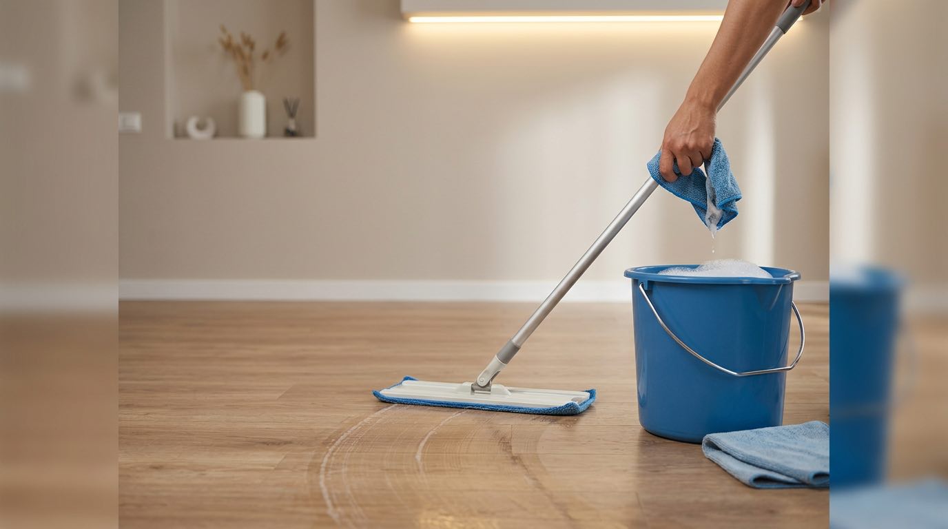 Demonstration of correct laminate mopping technique, two-bucket system visible, person wringing out microfiber mop to barely damp state, clean floor behind