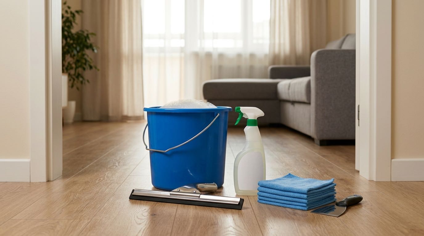 Professional window cleaning toolkit laid out neatly: squeegee, microfiber washer sleeve, bucket, microfiber cloths, scraper, spray bottle, organized display