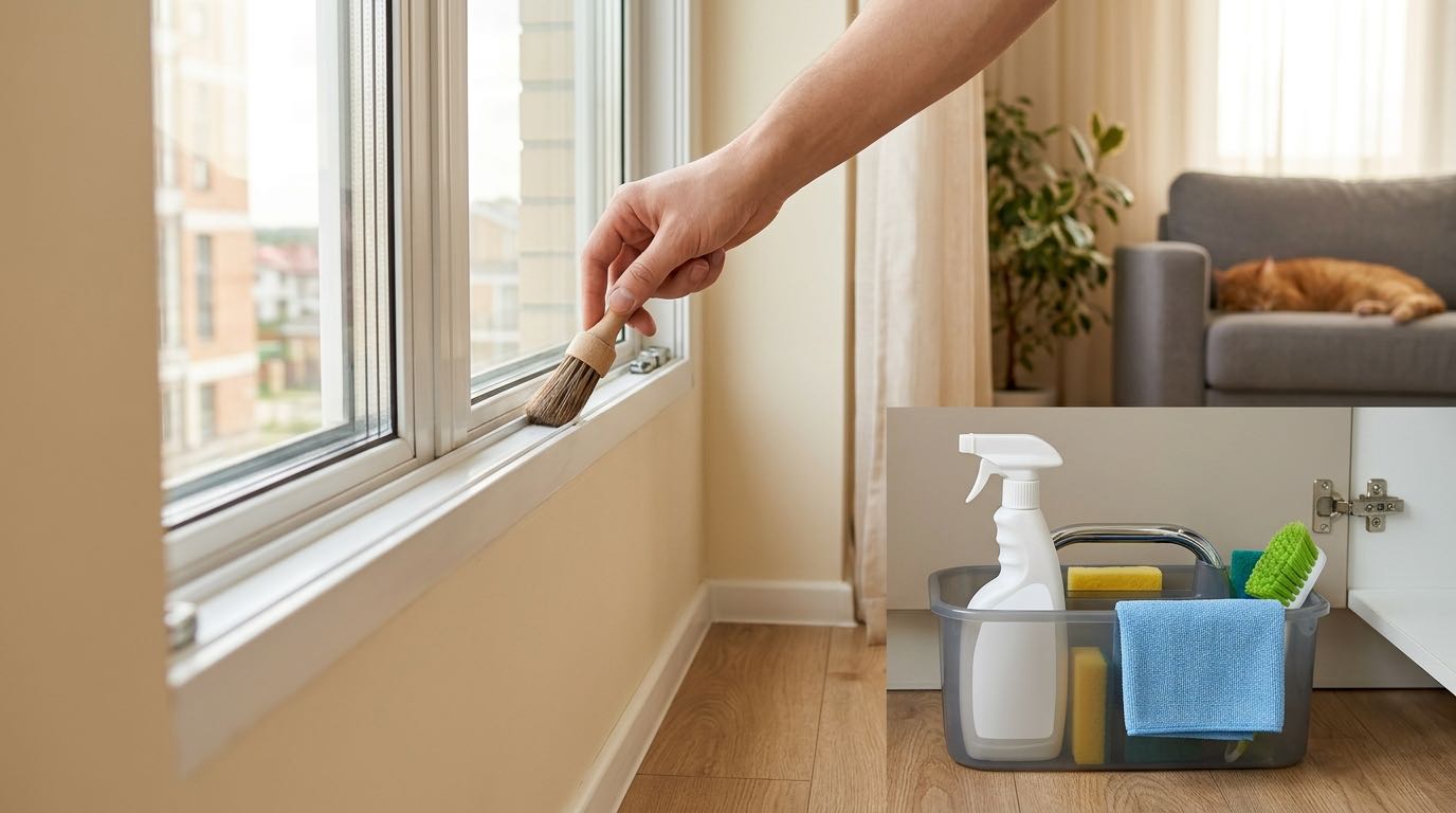 Clean window frame details: person cleaning window track with small brush, wiping rubber seal, lubricating hardware, organized cleaning process