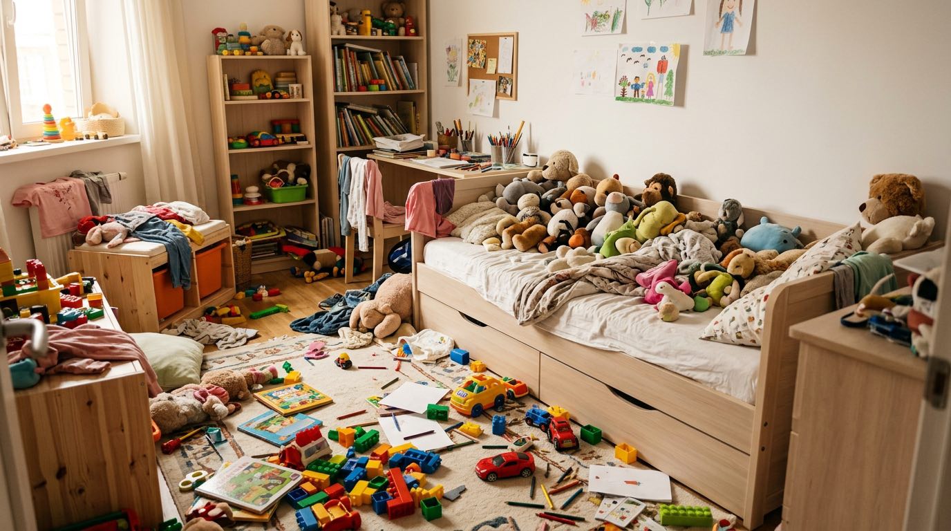 Typical messy children's room with toys scattered everywhere, crayons on floor, stuffed animals on bed, relatable childhood chaos
