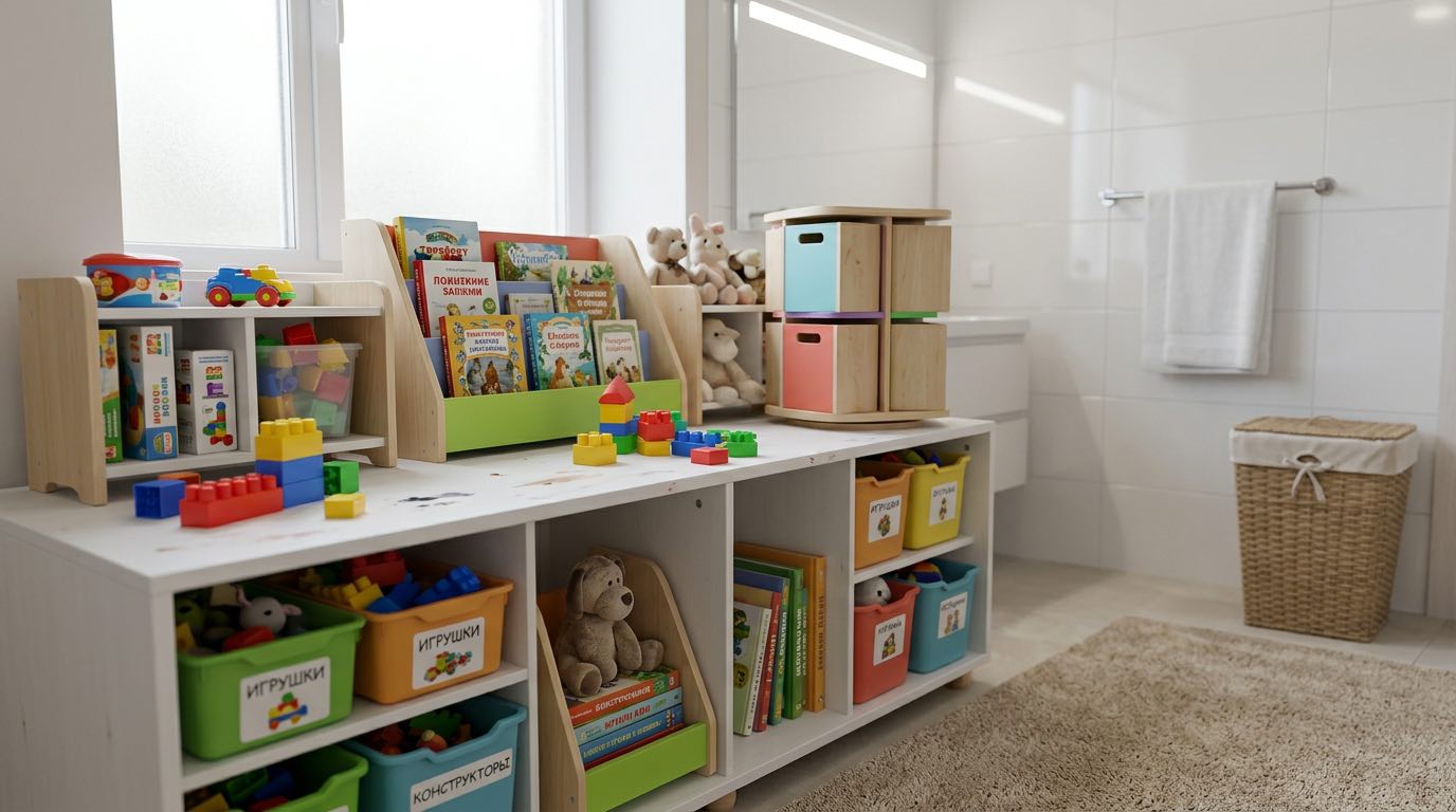 Children's toy storage system with labeled bins, book display shelf, rotation storage boxes, colorful and child-friendly organization