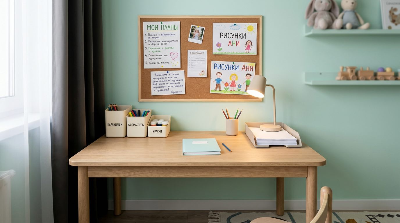 Well-organized child's study desk with cork board above, labeled storage containers, clean workspace, good lighting, inspiring but tidy