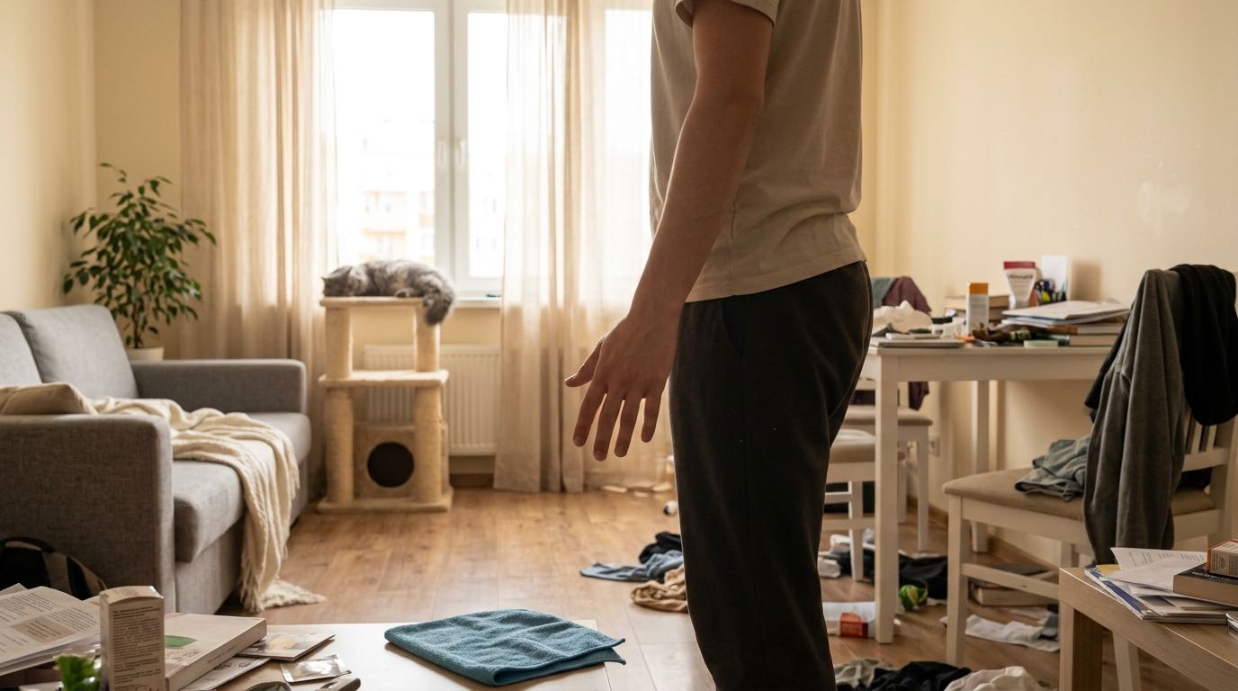 Person looking overwhelmed at cluttered room with scattered items, clothes on chairs, papers on tables, realistic home mess