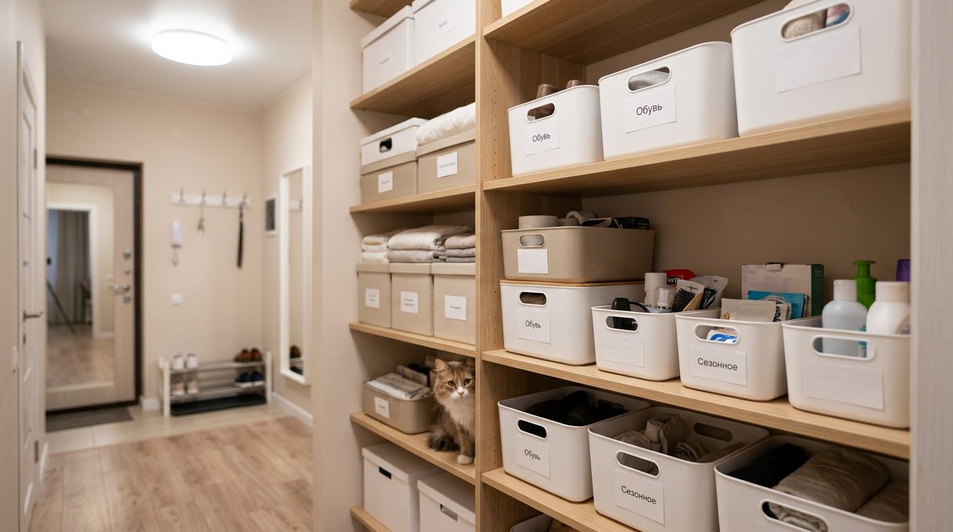 Neatly labeled storage boxes and containers arranged on shelves, organized closet with categorized items, bright and clean