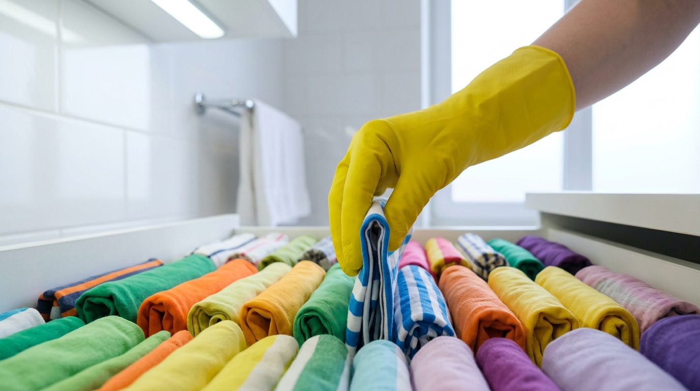Close-up of vertical folding method for clothes in a drawer, KonMari style, neat rows of colorful folded garments