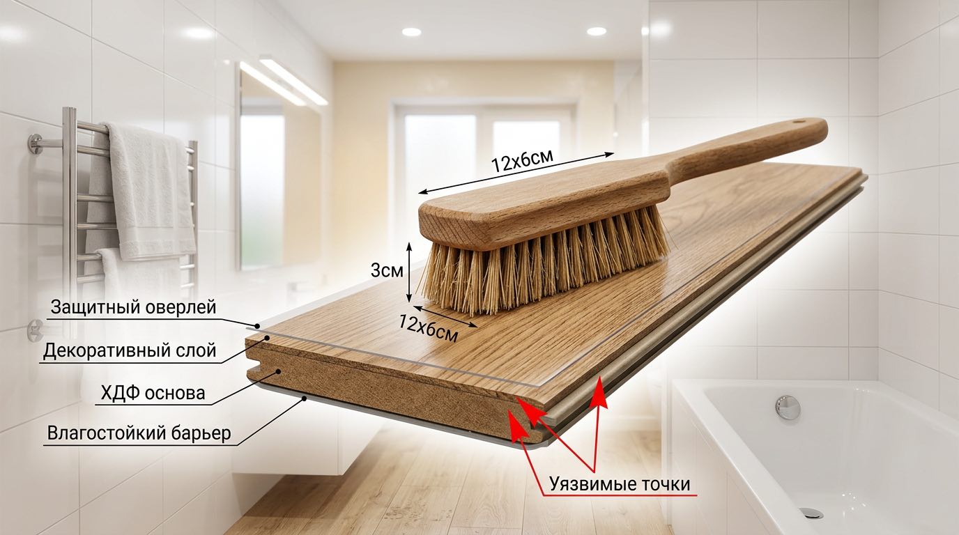 Diagram showing cross-section of laminate flooring with labeled layers: protective overlay, decorative layer, HDF core, moisture barrier, highlighting vulnerable points