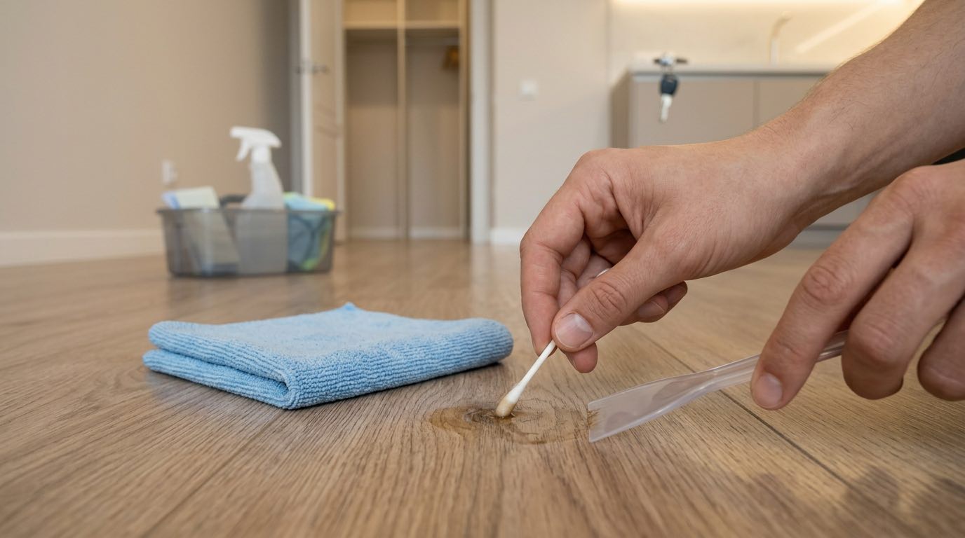 Close-up demonstration of removing paint drop from laminate floor: applying solvent with cotton swab precisely on stain, using plastic scraper gently