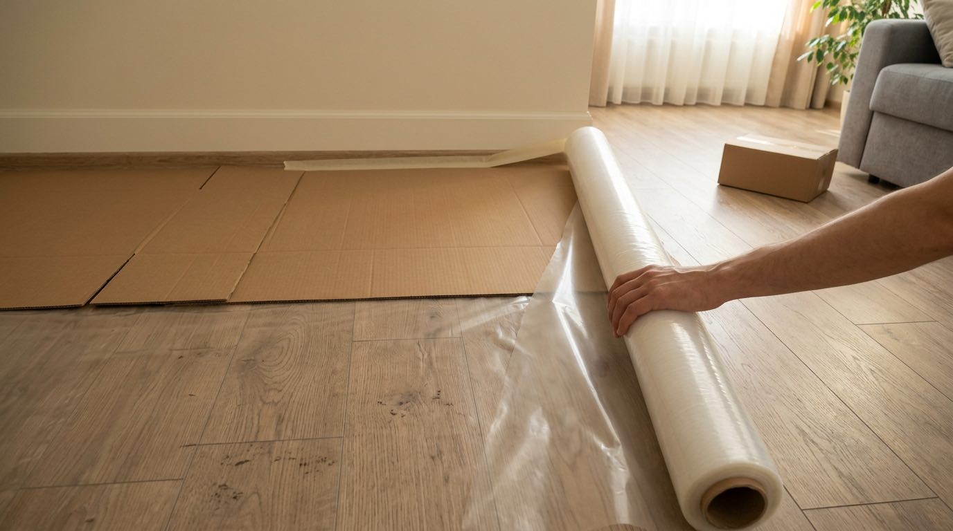 Laminate floor being protected during renovation: thick plastic film being rolled out, cardboard sheets on top, tape securing edges to baseboards