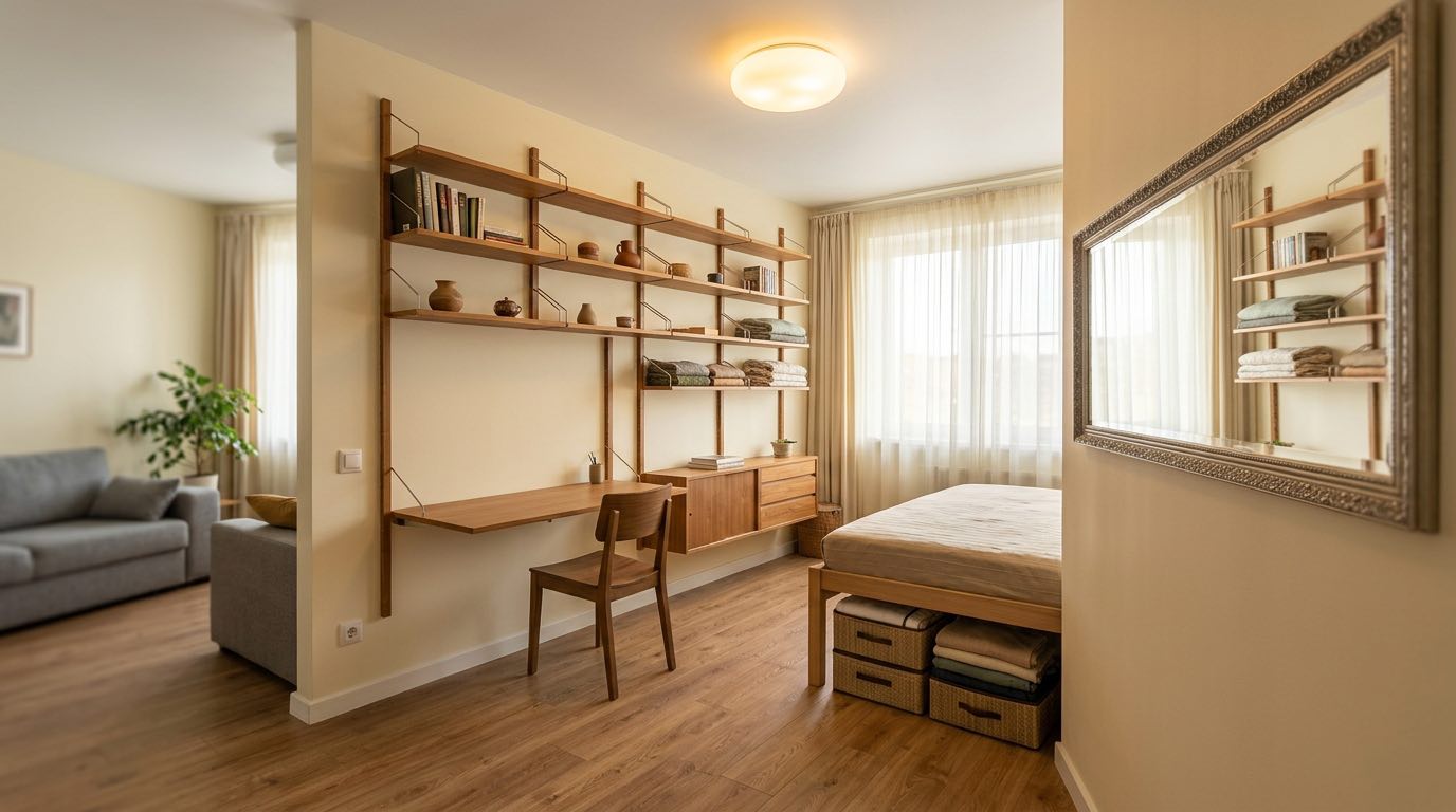 Small but perfectly organized studio apartment overview, everything has its place, clever storage solutions visible, natural light
