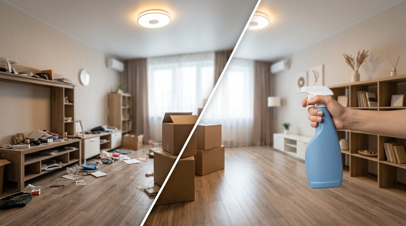Split image showing two apartments: left side empty old apartment being cleaned, right side new apartment being prepared, moving boxes in between