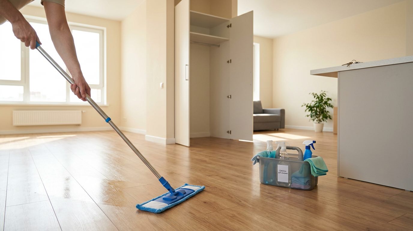 Person mopping empty apartment floor, sparkling clean empty rooms, sunlight through clean windows, moving day final cleanup
