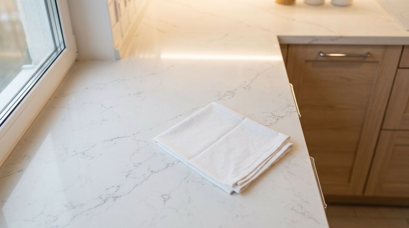 Peaceful evening kitchen scene, clean countertops, dishes put away, soft warm lighting, everything in its place, ready for morning