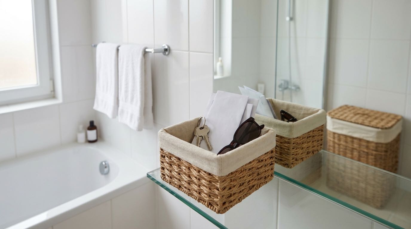 Small decorative basket on entryway table catching daily items like keys, mail, sunglasses, organized catch-all system