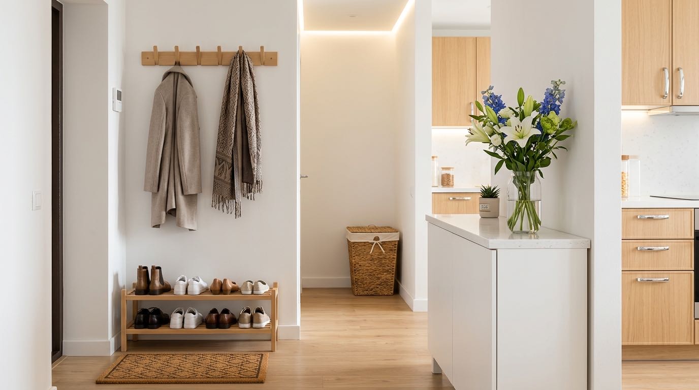 Clean organized apartment entrance hallway with coat hooks, shoe rack, welcoming doormat, fresh flowers on console table, warm lighting