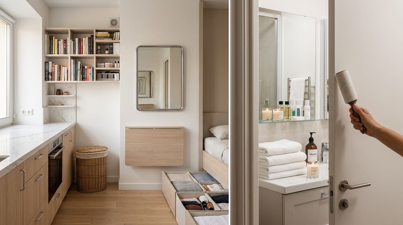 Sparkling clean modern bathroom prepared for guests, fresh towels, soap dispenser, small candle, clean mirror, organized toiletries