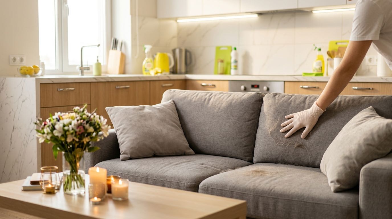 Cozy living room prepared for guests with warm lighting, candles, fresh flowers on coffee table, plush cushions on sofa, welcoming atmosphere