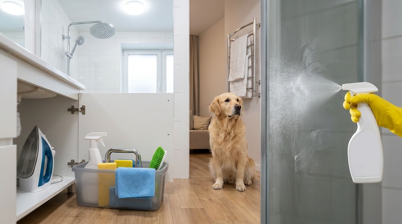 Friendly dog sitting calmly in separate room while cleaning happens in background, pet-safe environment, cozy and organized space