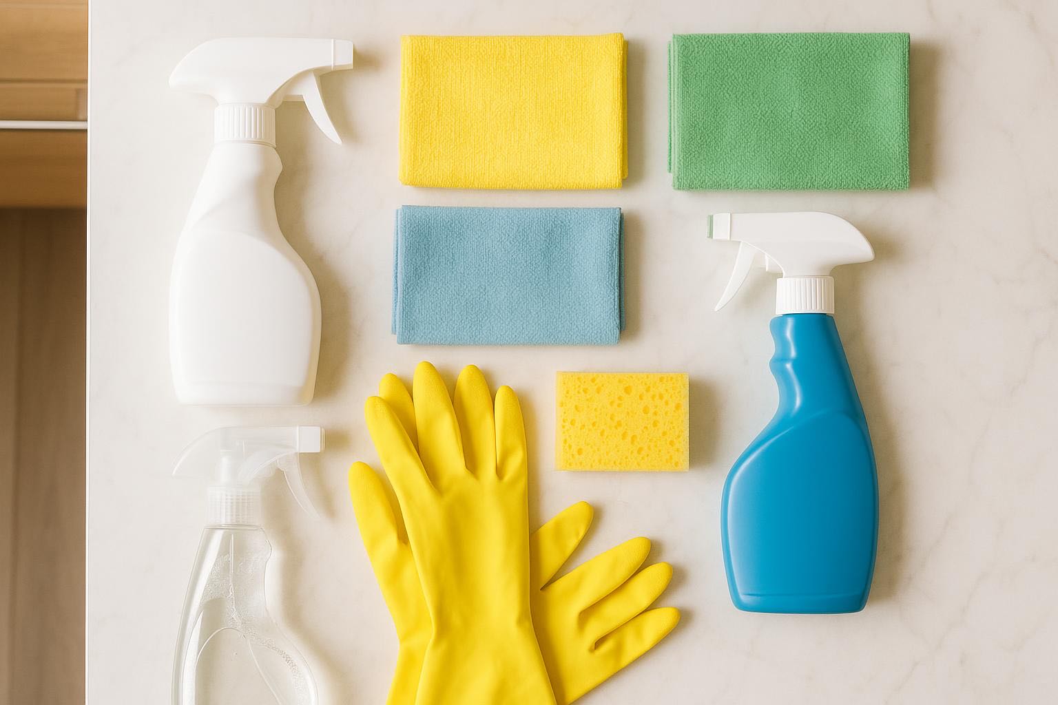 Overhead flat-lay of assorted cleaning supplies artfully arranged on white
