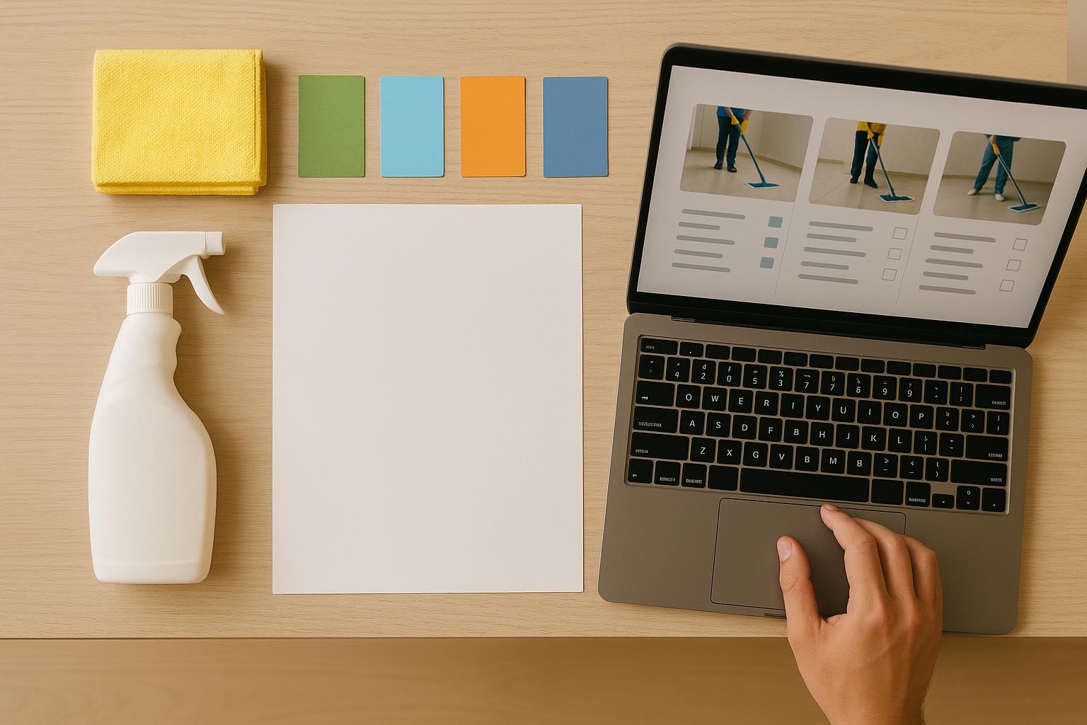 Overhead flat-lay of cleaning planning scene with blank white paper,