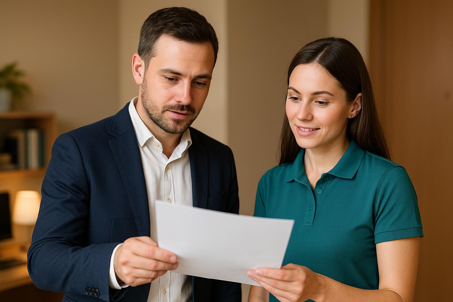 Customer talking with cleaning company manager, reviewing service agreement document,