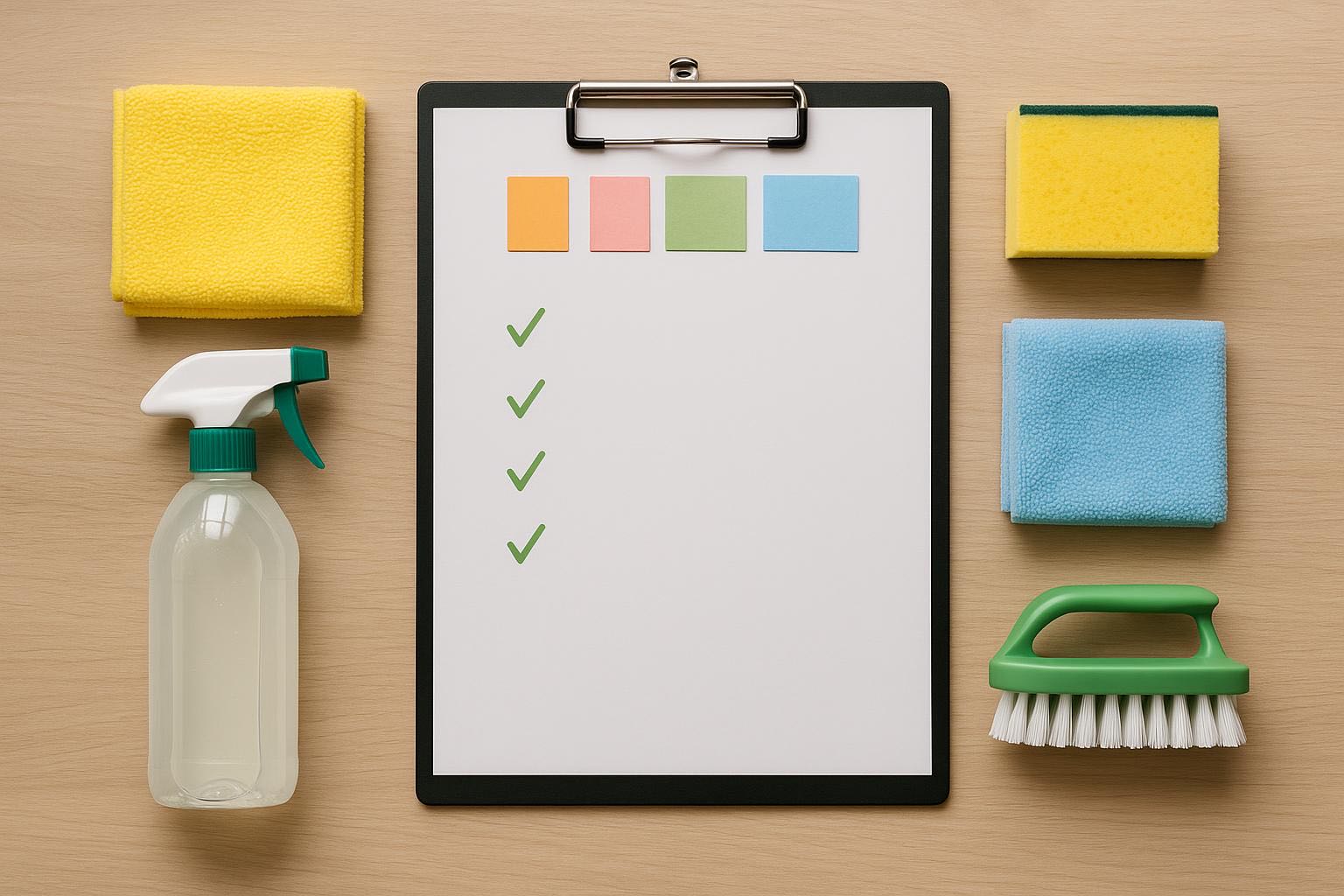 Overhead flat-lay of cleaning planning scene with blank white paper,