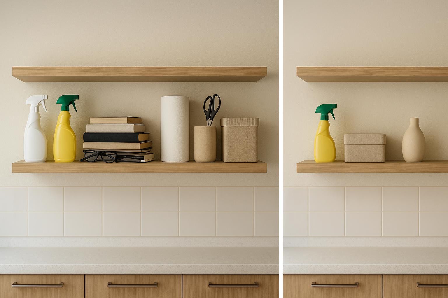 Progression of minimalist transformation_ cluttered shelf, partially organized shelf, clean
