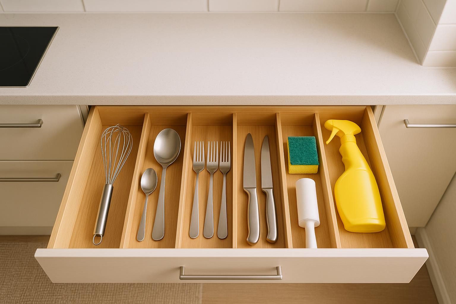 Perfectly organized kitchen drawer with bamboo dividers, each utensil type