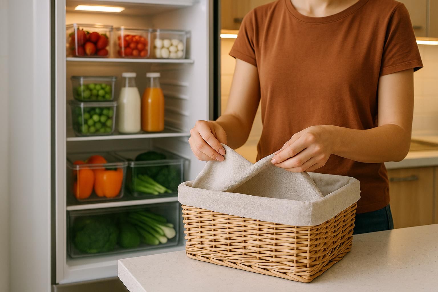 Perfectly organized refrigerator interior with clear containers, labeled sections, vegetables
