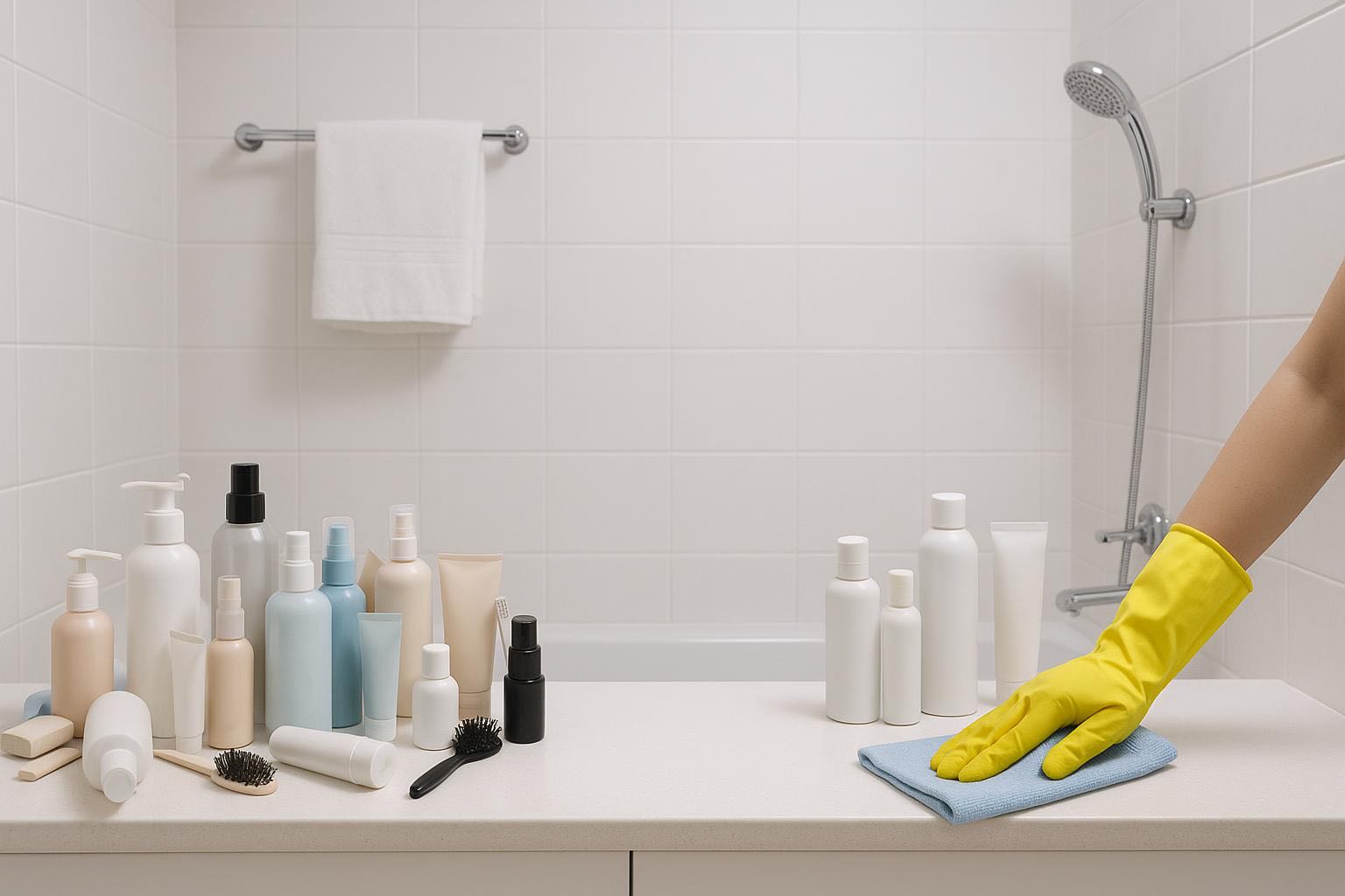 Cluttered bathroom counter covered with various bottles, tubes, brushes, and