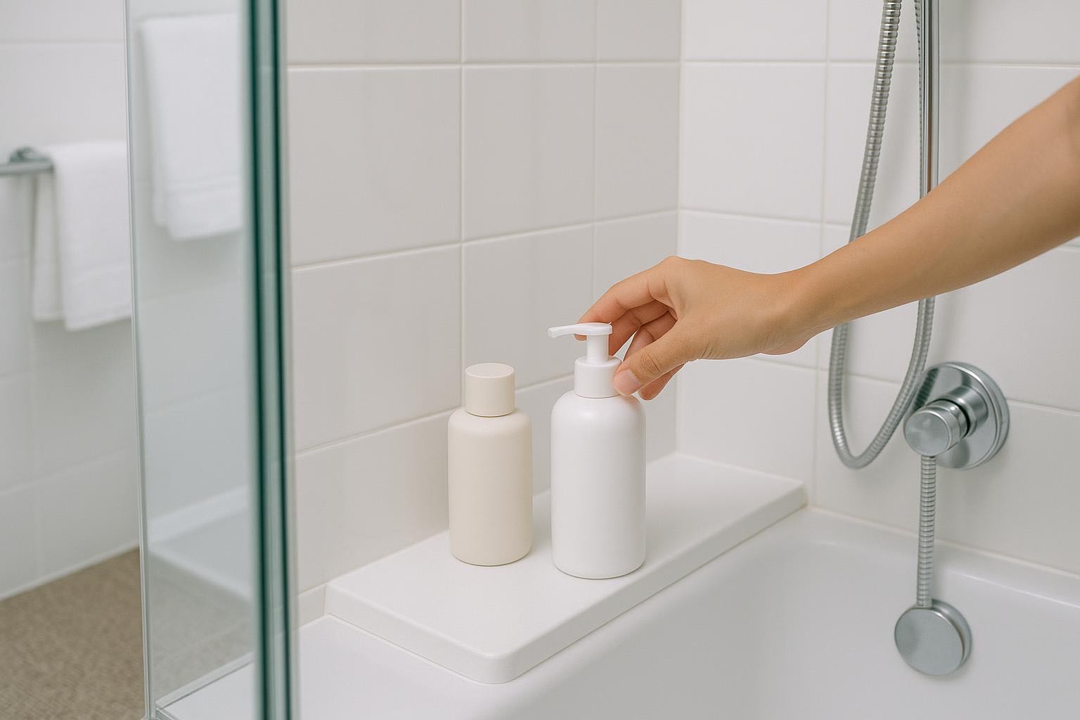 Clean organized shower area with minimal products on corner shelf,