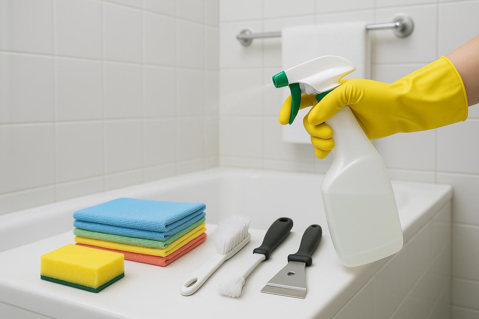 Professional cleaning toolkit laid out on a clean surface, showing