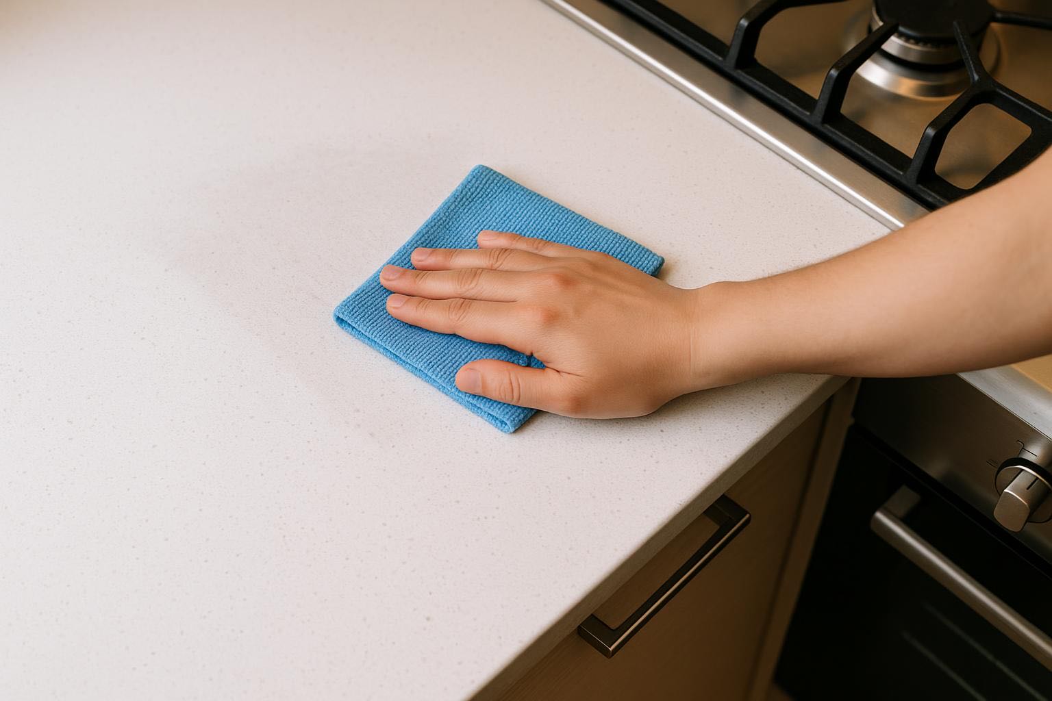 Professional cleaning team of a woman in matching light blue