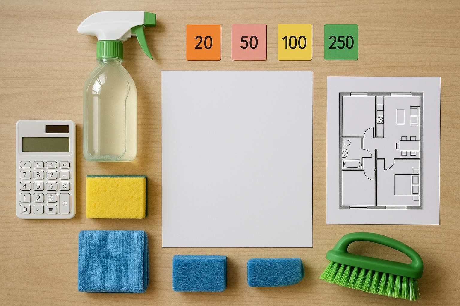 Overhead flat-lay of cleaning planning scene with blank white paper,