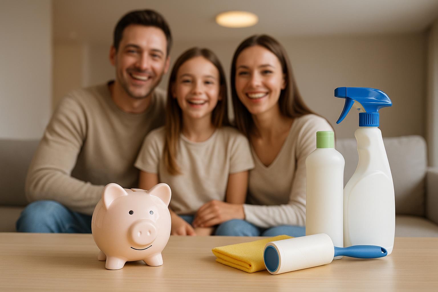 Happy family in clean apartment, piggy bank on table symbolizing