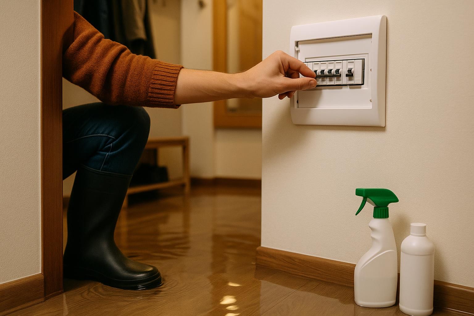 Emergency action during apartment flooding - person in rubber boots