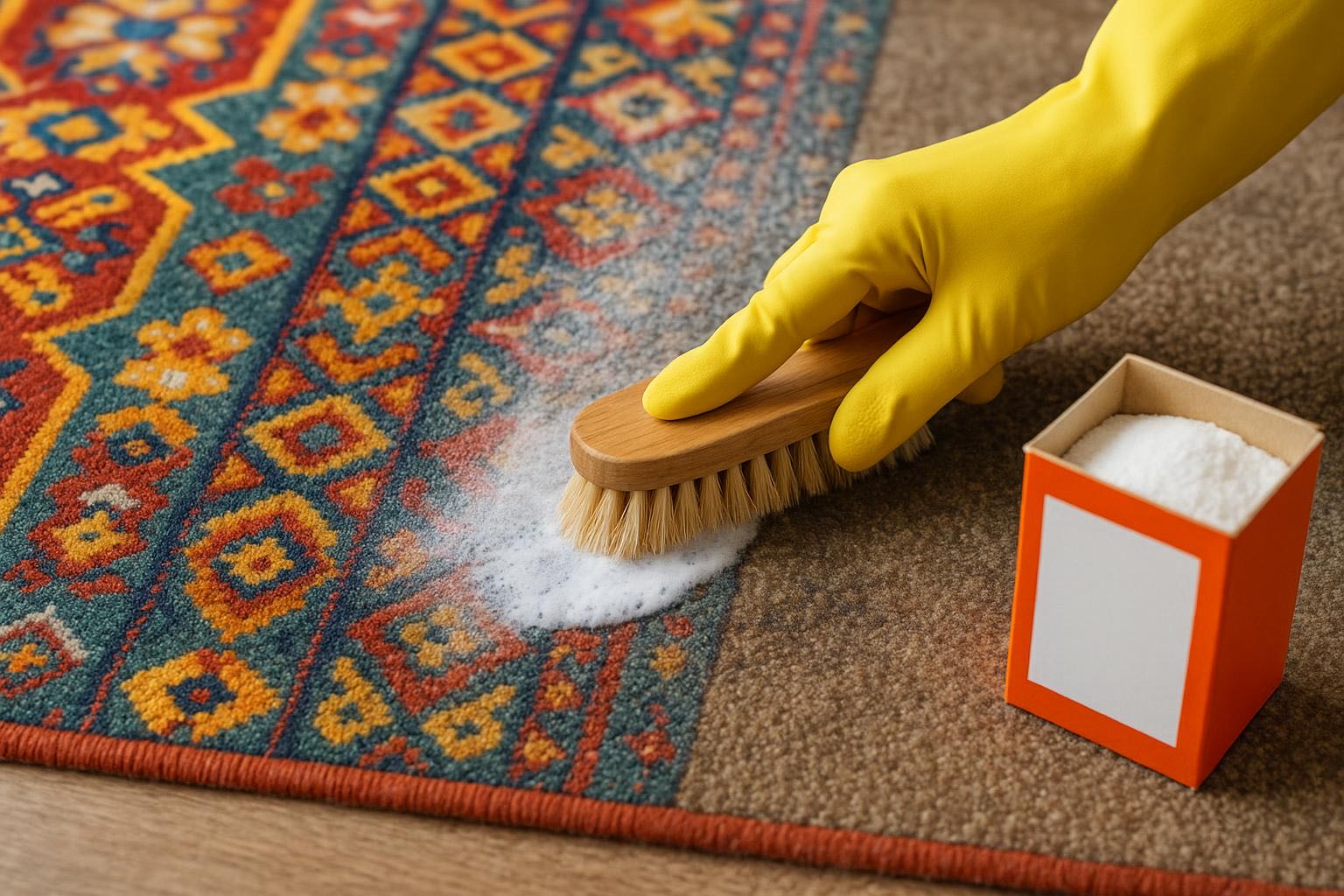 Close-up of colorful patterned area rug on living room floor_