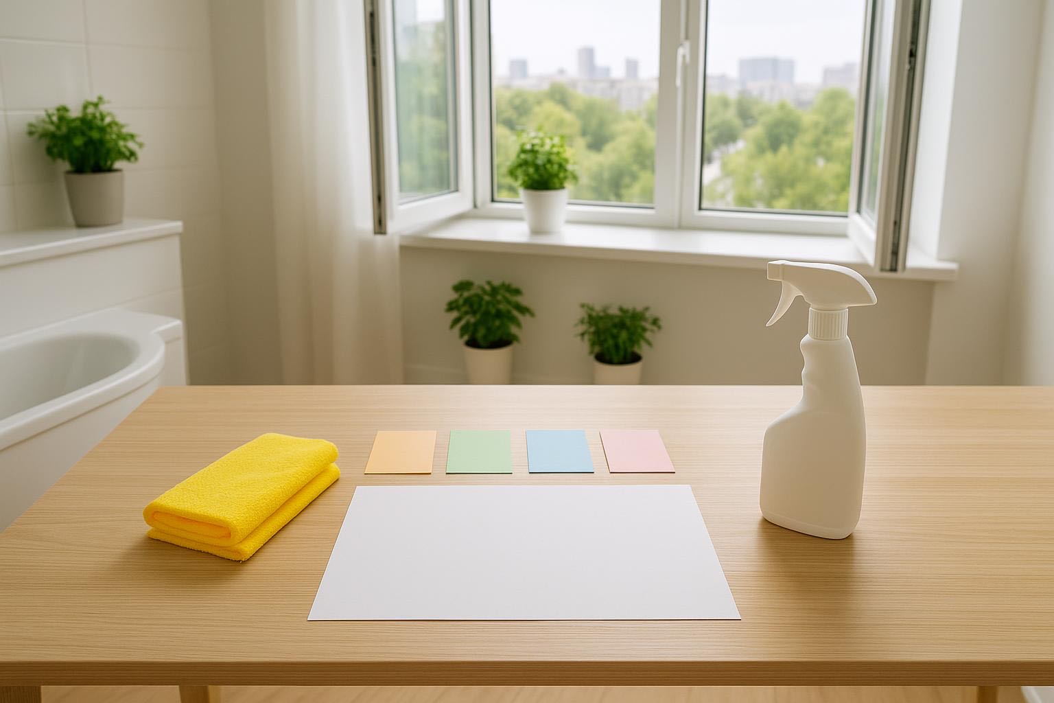 Overhead flat-lay of cleaning planning scene with blank white paper,