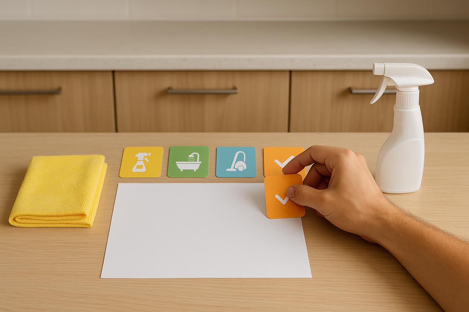 Overhead flat-lay of cleaning planning scene with blank white paper,